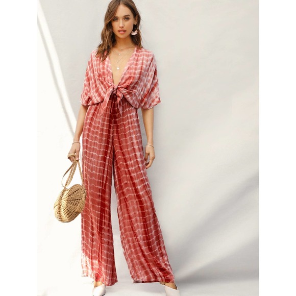 Dresses & Skirts - 70s style Plunging Neck Knot Front Tie Dye Palazzo Jumpsuit orange